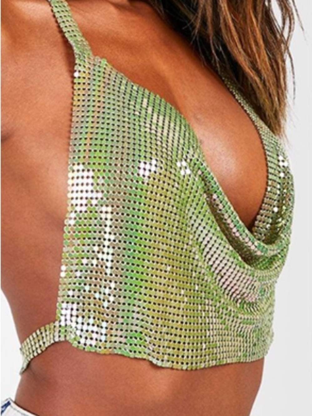 Boohoo Green Metallic Cowl Neck Crop Cami